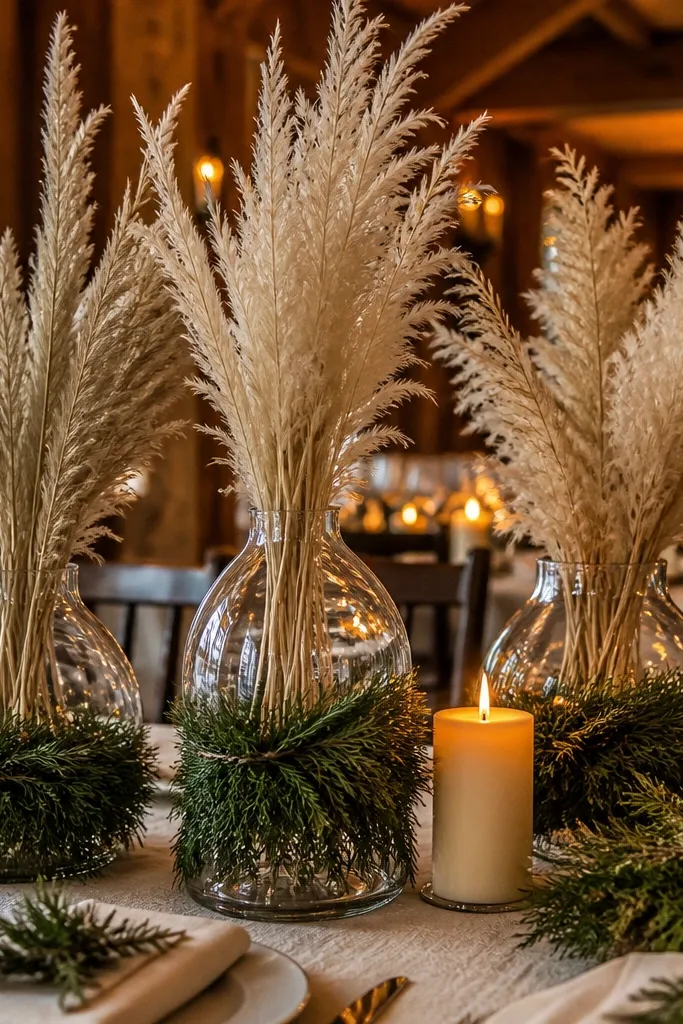Clear vases with dried pampas plumes and a small evergreen band at the base