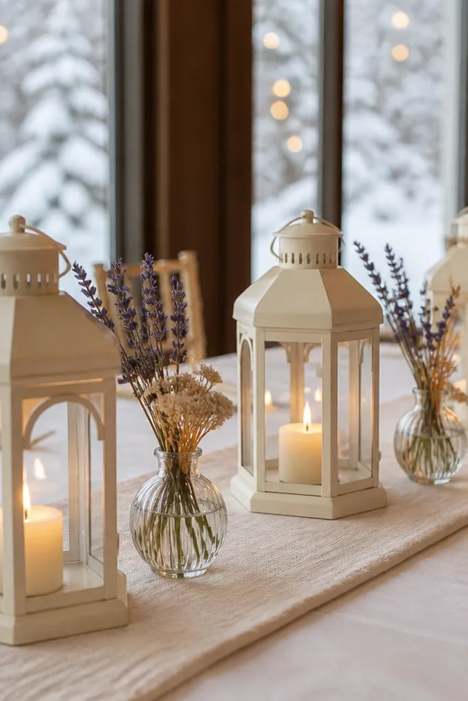 Cream lanterns with small bud vases holding dried flowers on a neutral runner