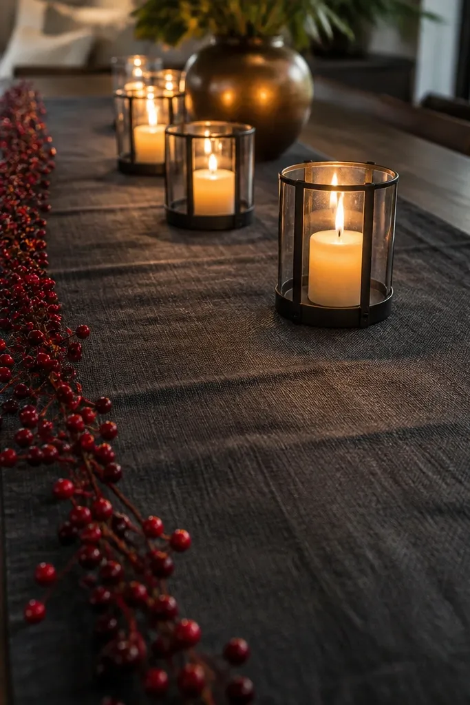 Charcoal runner with a thin cranberry garland along the edge and candle holders