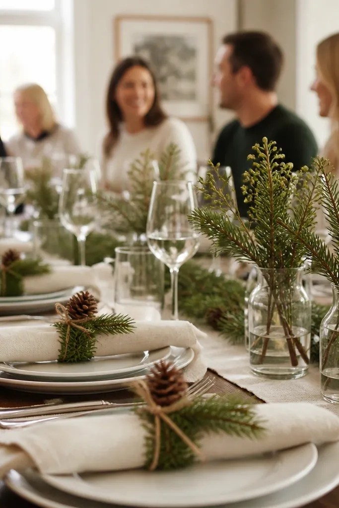 Napkin rings made from evergreen with bows and three low bud vases