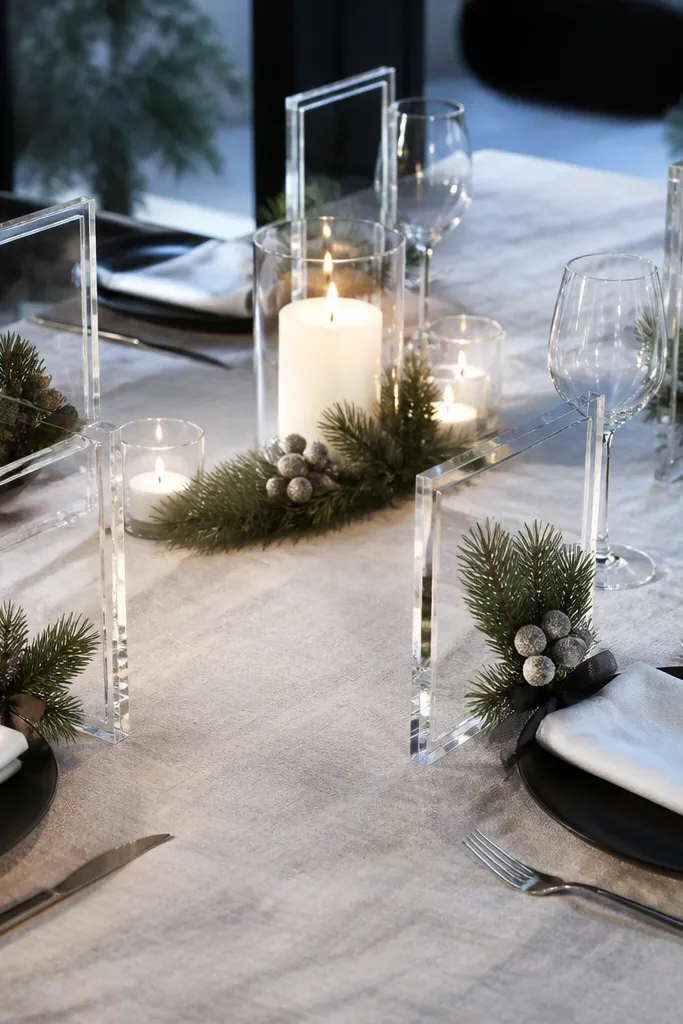 Clear place cards on stands with small evergreen swags and candles nearby