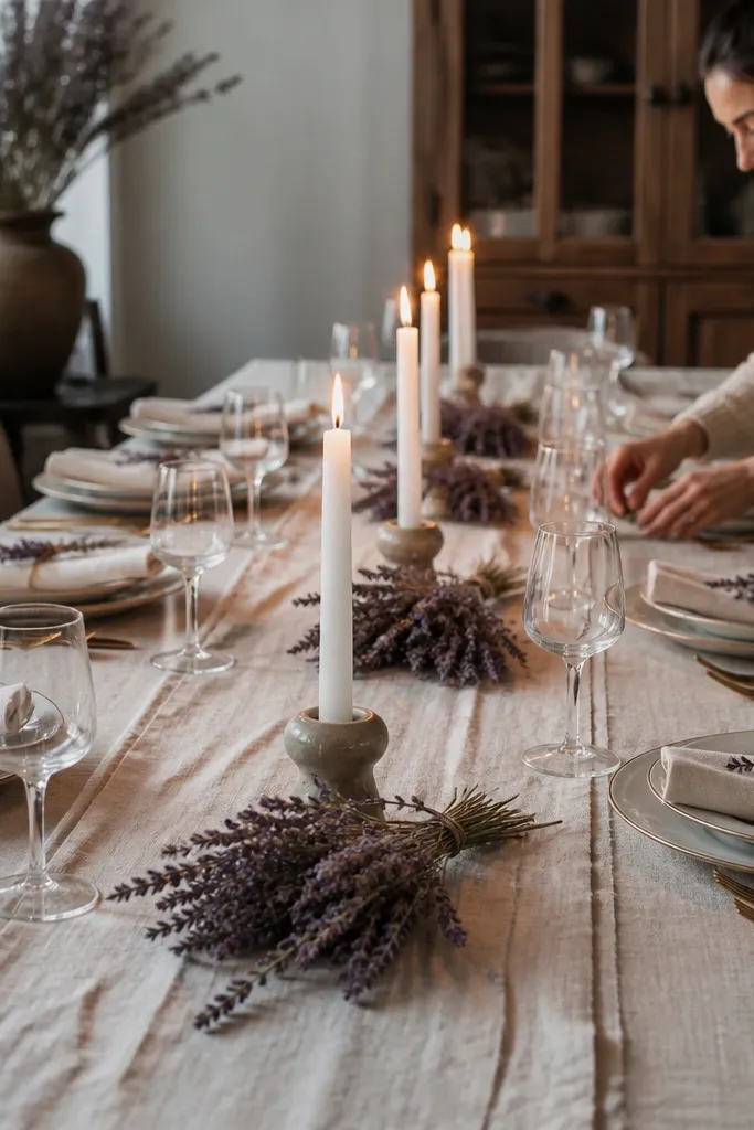 Linen runner with dried lavender bundles and white taper candles