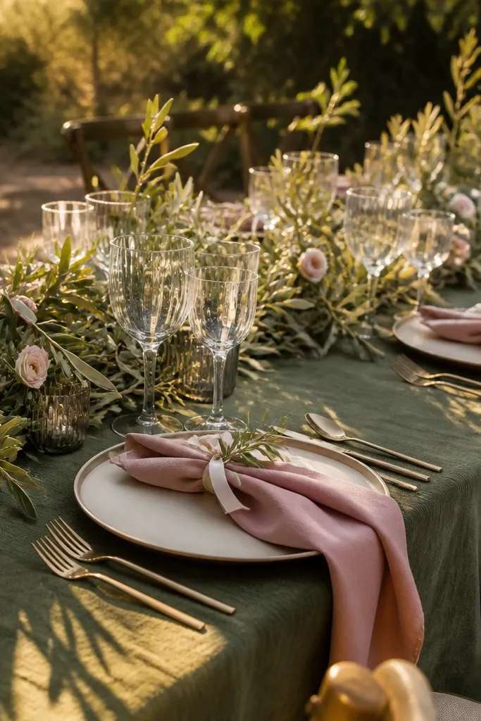 Olive napkins with cream plates, dusty rose flowers, and gold candles