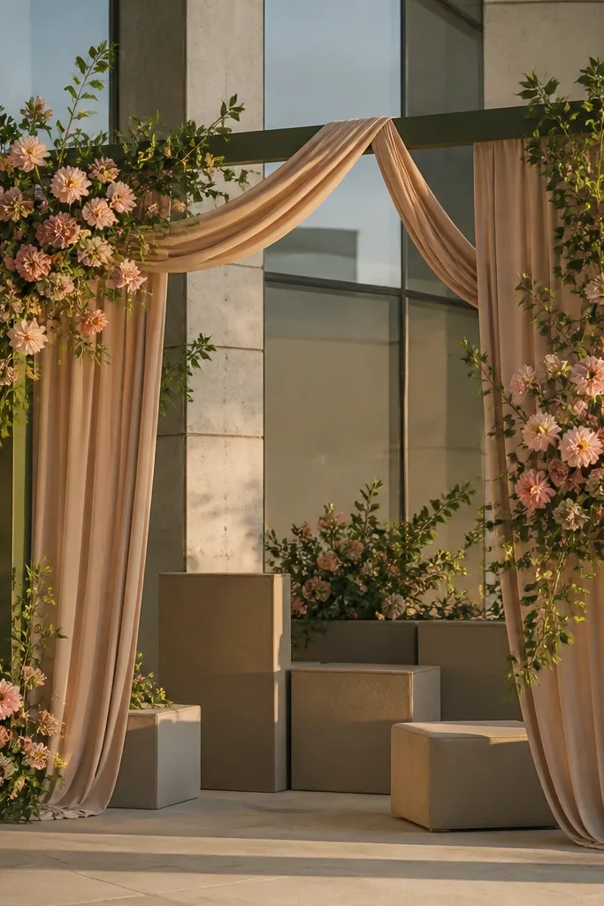 Olive arch with blush drapes, warm taupe table accents, and cream signage