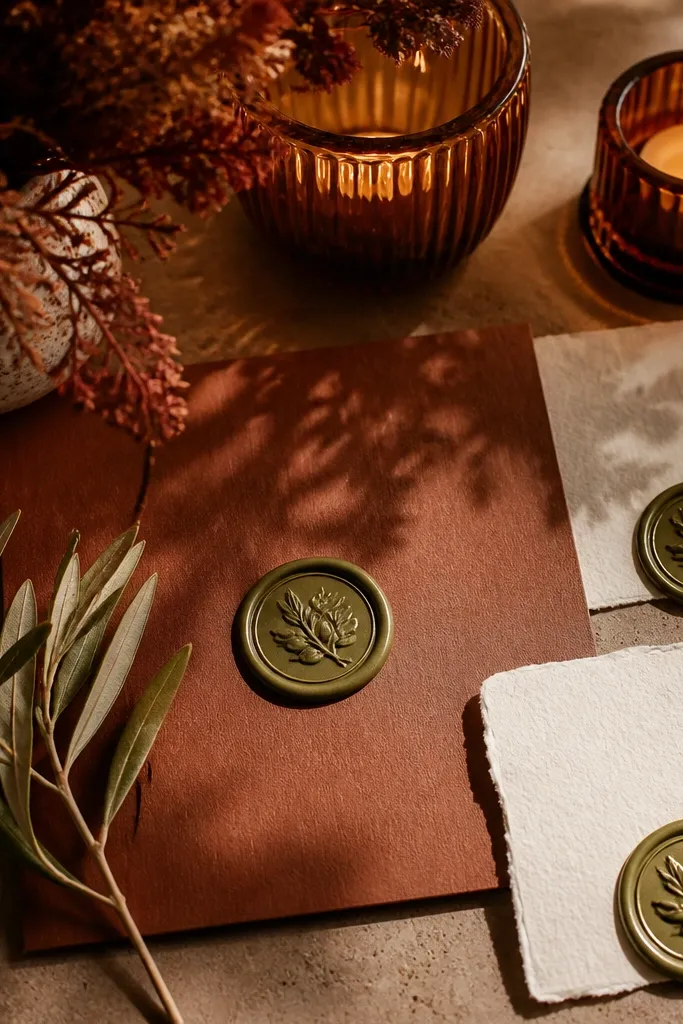 Oatmeal paper place cards, olive candle wraps, rust florals, and linen table runner