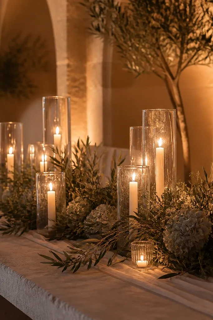 Ecru tablecloth, olive and sage candles, and soft white florals in glass holders