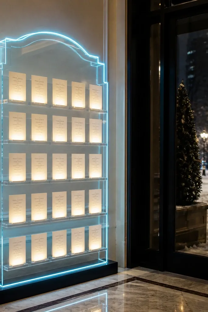 Backlit outline frame with name cards lighting up by table number
