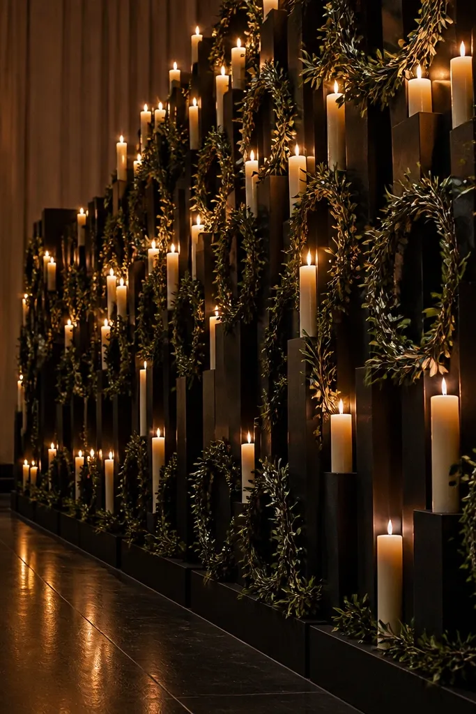 Greenery wreaths arranged between tall pillar candles on a wedding stage