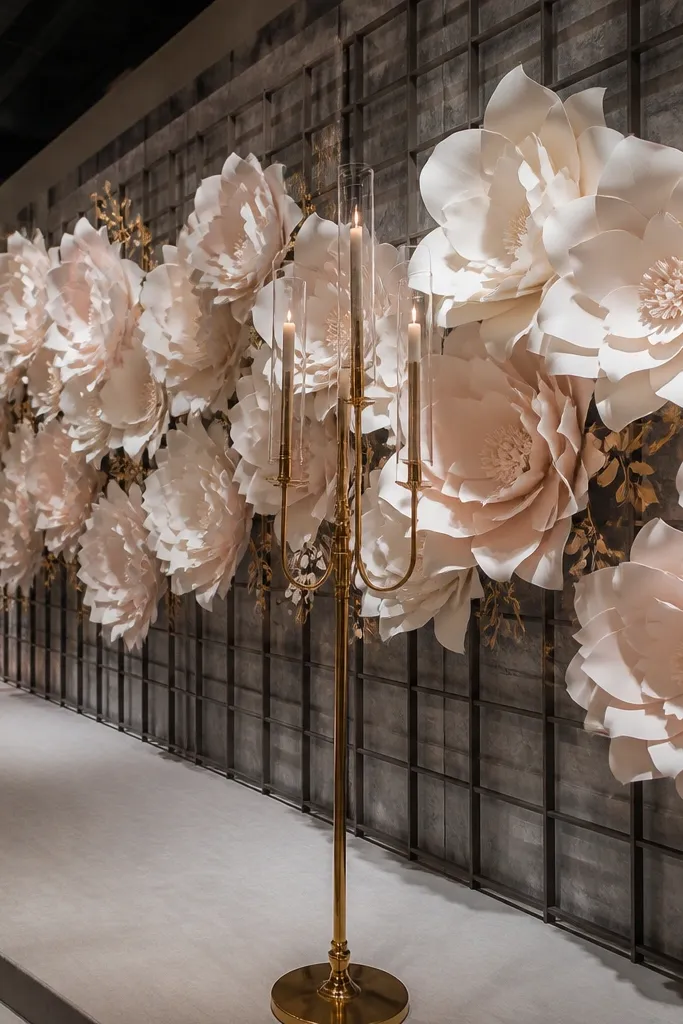 Charcoal grid backdrop with oversized white and blush paper flowers