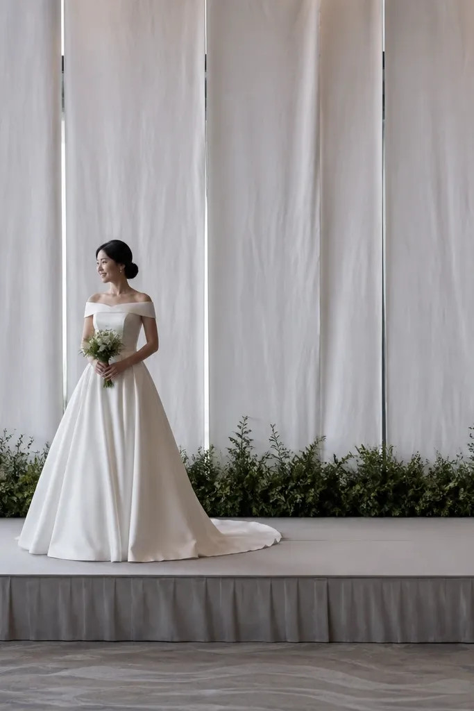 White linen panels with subtle greenery line on a minimal wedding stage