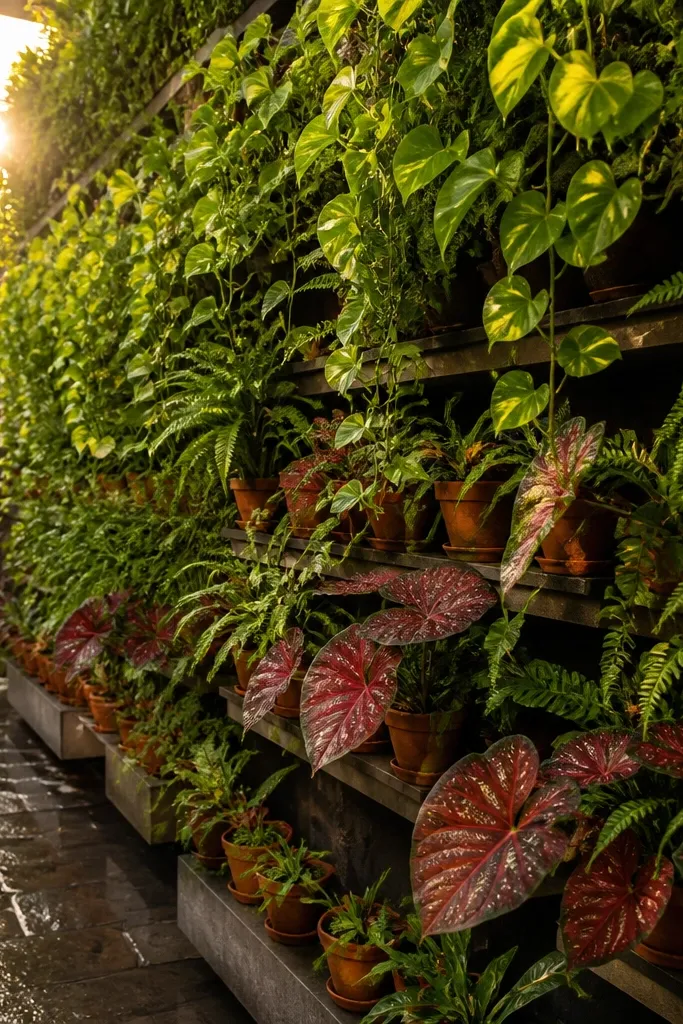 Living plant wall with small seasonal color pots behind a wedding stage