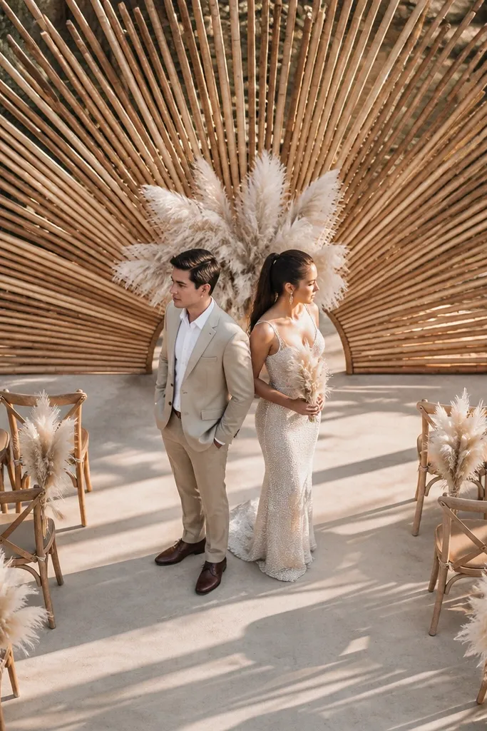 Sunburst bamboo stakes with white pampas plumes behind a wedding stage