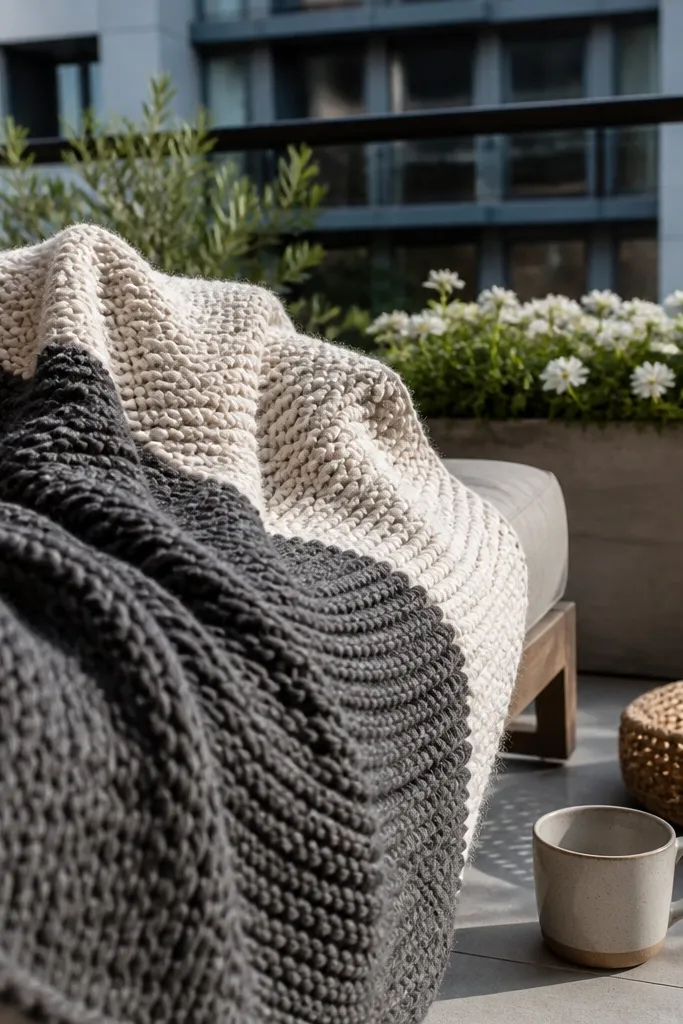 Cream and charcoal knit throw folded with visible texture