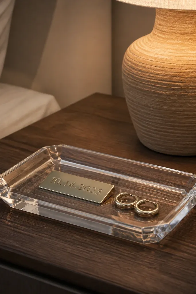 Clear acrylic tray with a gold wedding date and small jewelry items
