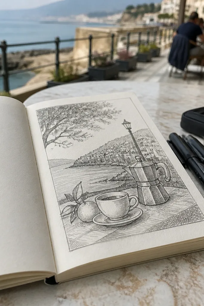 Small sketchbook with blank pages and black fineliner pens on a desk