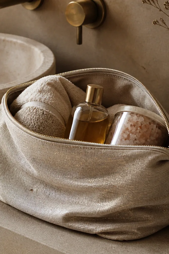 Neutral spa bag with folded towels, bath salts, and a small glass bottle