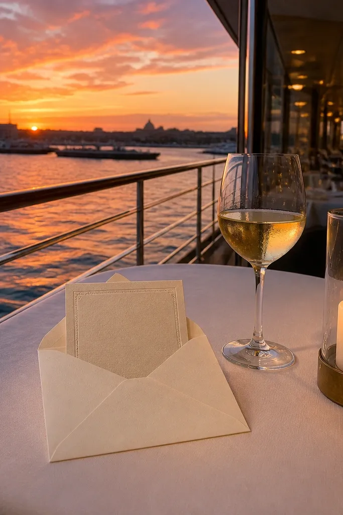 Golden sunset view through a boat window with a table setting