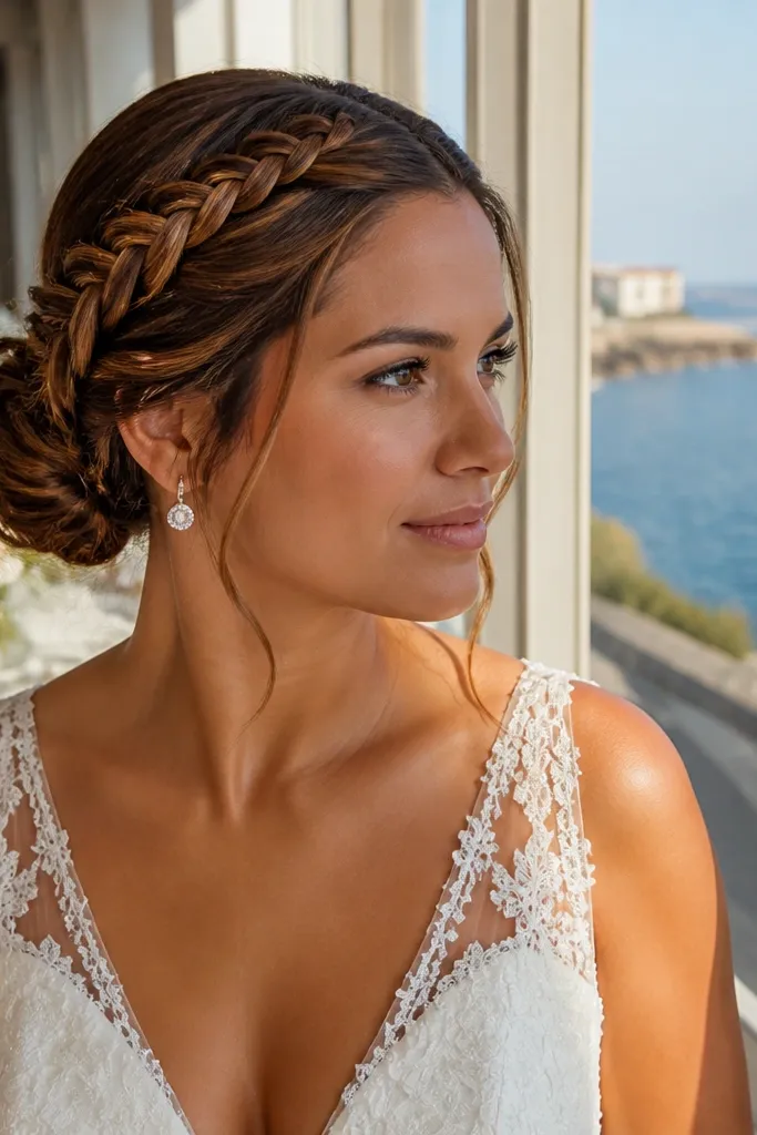 French waterfall braid flowing into a bun at the back