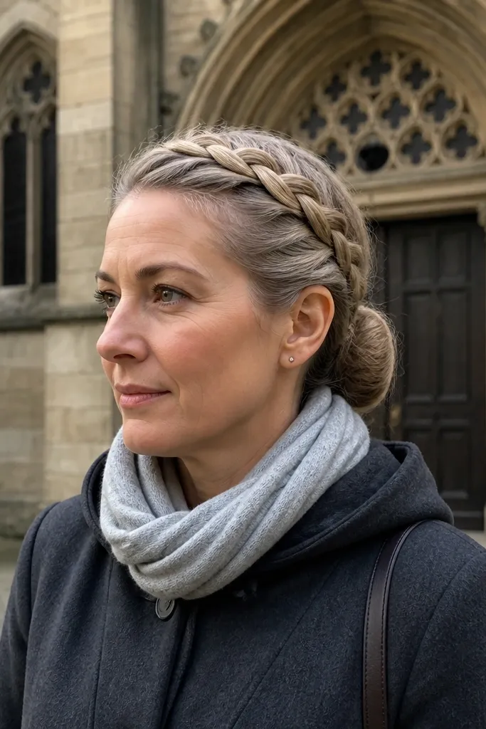Half-up braided crown leading into a bun at the back