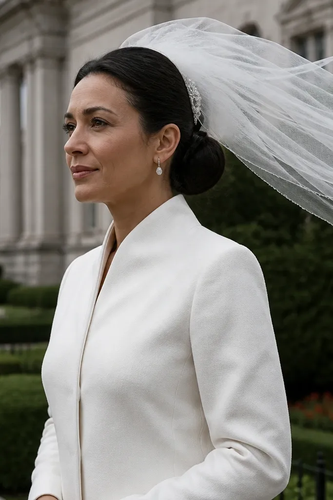 Low bun with veil comb anchored on the side