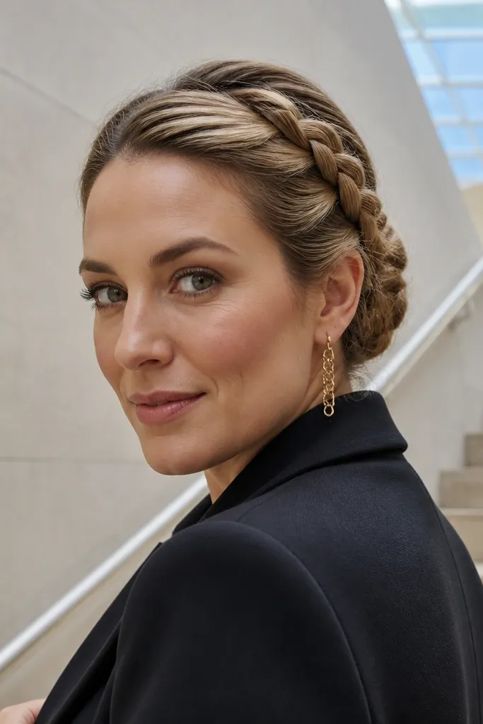 Low braided bun with two contrasting texture strips on top