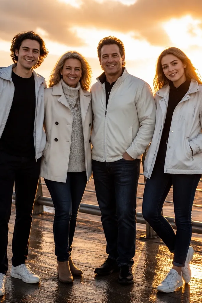 Family group standing on a boardwalk with sunset behind them