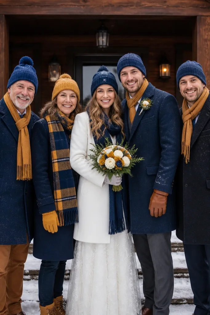 Family group on snowy porch steps with knit hats and scarves