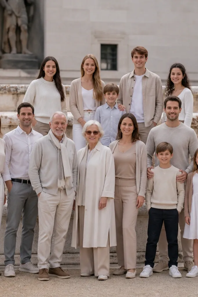 Family group standing on museum steps near a sculpture