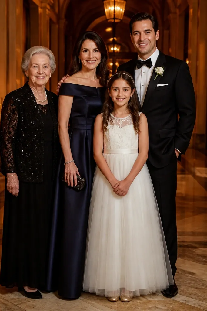 Family group standing in a candlelit hallway with warm light