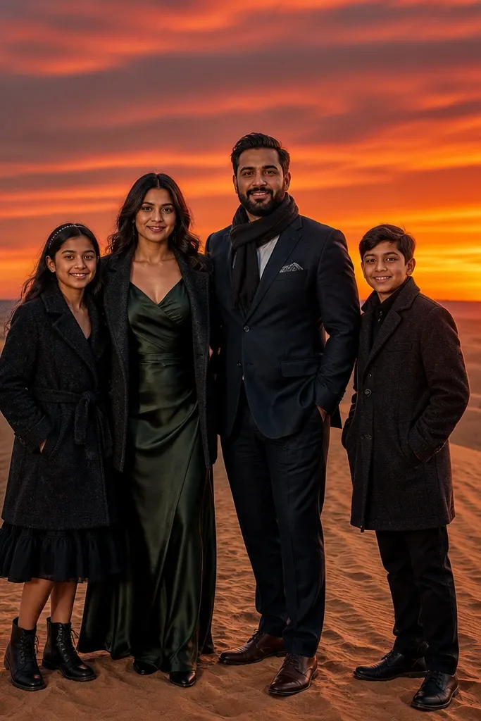 Family group in dark outfits against desert sand at sunset