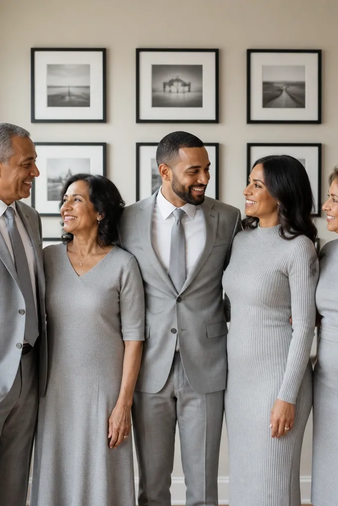 Family group standing evenly spaced in front of a plain gallery wall